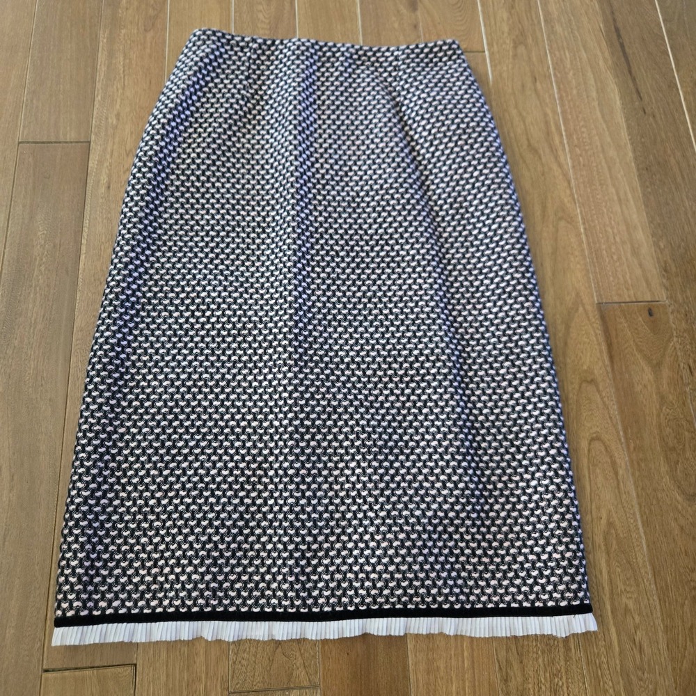 Vintage David Charles Pink Black Tweed Pencil Wool Skirt Pleated Trim Coquette